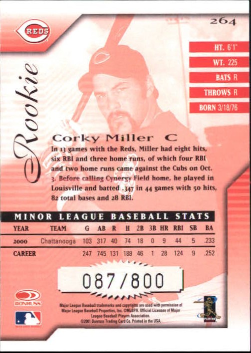 2001 Donruss Signature #264 Corky Miller RC back image