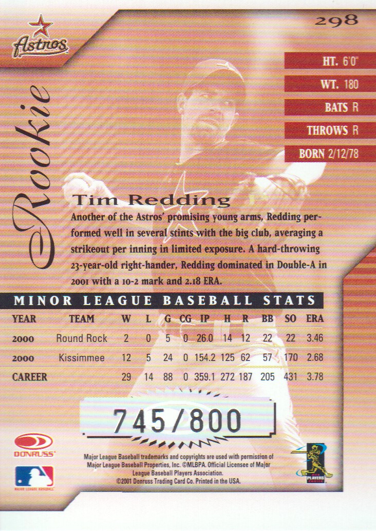 2001 Donruss Signature #298 Tim Redding back image