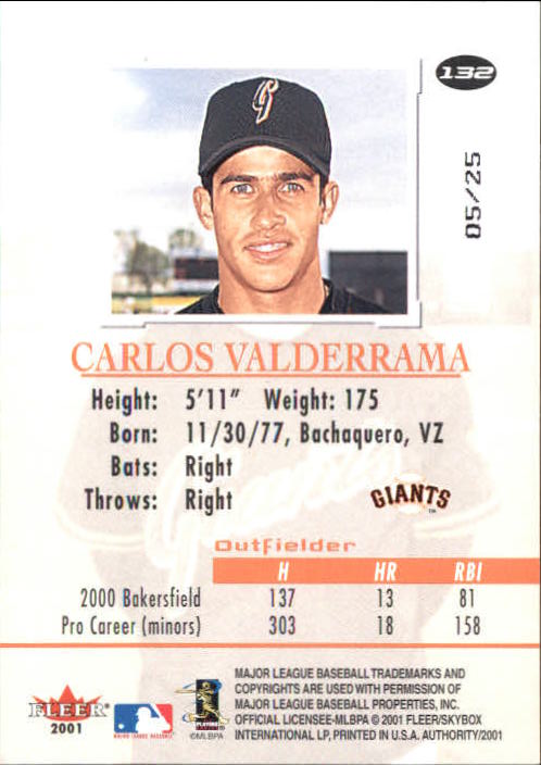 2001 Fleer Authority Rookie Prominence 25 #132 Carlos Valderrama back image
