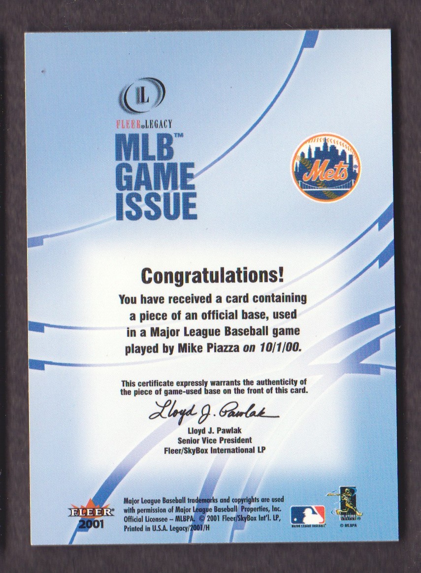 2001 Fleer Legacy MLB Game Issue Base #10 Mike Piazza back image