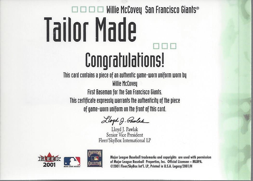 2001 Fleer Legacy Tailor Made #15 Willie McCovey back image