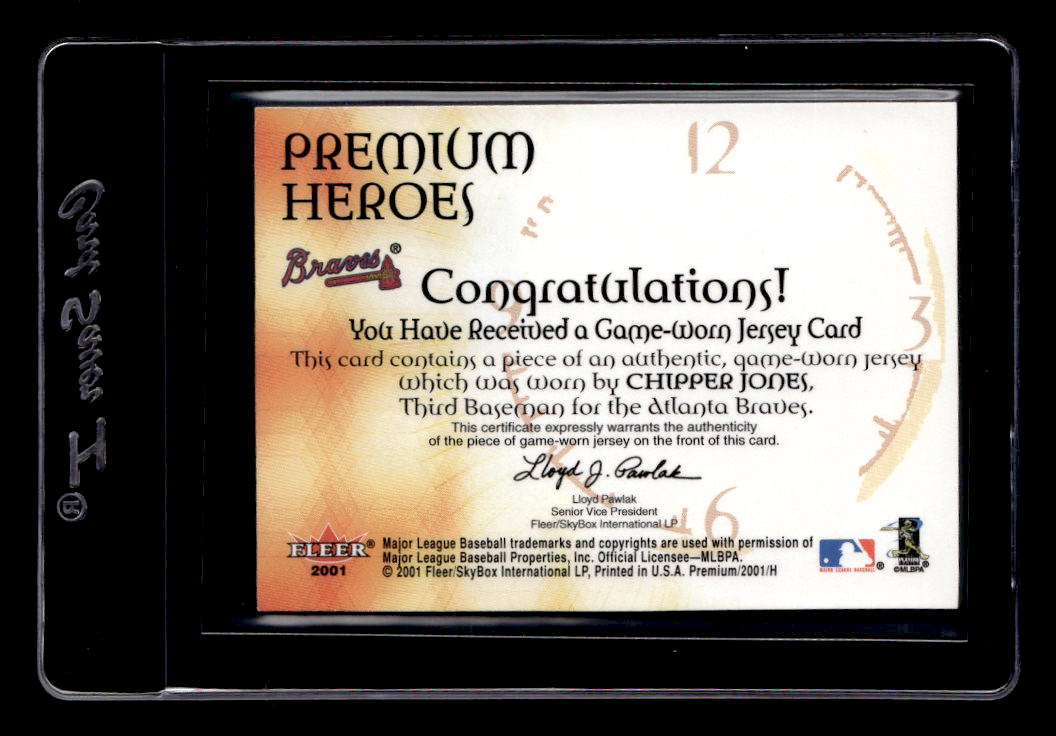 2001 Fleer Premium Heroes Game Jersey #9 Chipper Jones back image