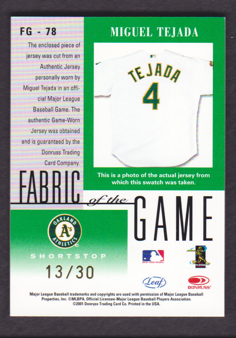 2001 Leaf Certified Materials Fabric of the Game #78SN Miguel Tejada/30 back image