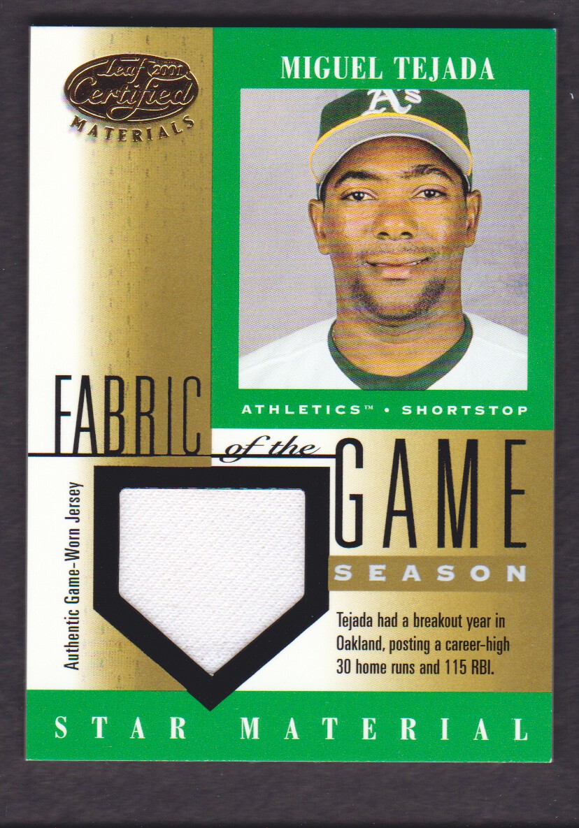2001 Leaf Certified Materials Fabric of the Game #78SN Miguel Tejada/30