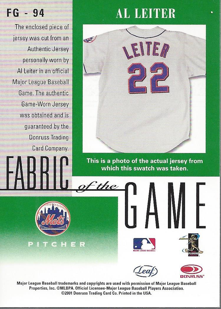 2001 Leaf Certified Materials Fabric of the Game #94BA Al Leiter back image
