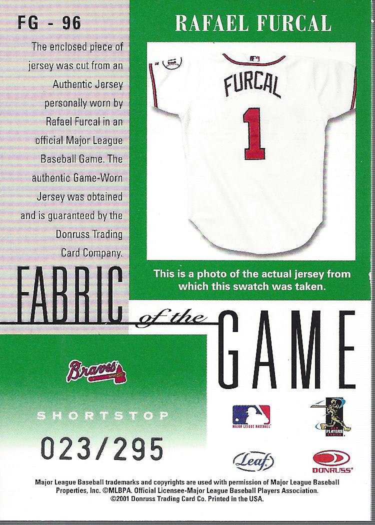 2001 Leaf Certified Materials Fabric of the Game #96CR Rafael Furcal/295 back image