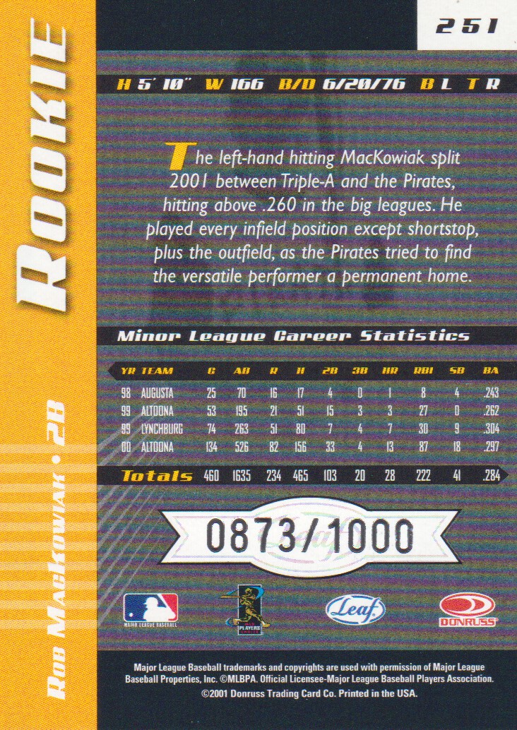 2001 Leaf Limited #251 Rob Mackowiak RC back image