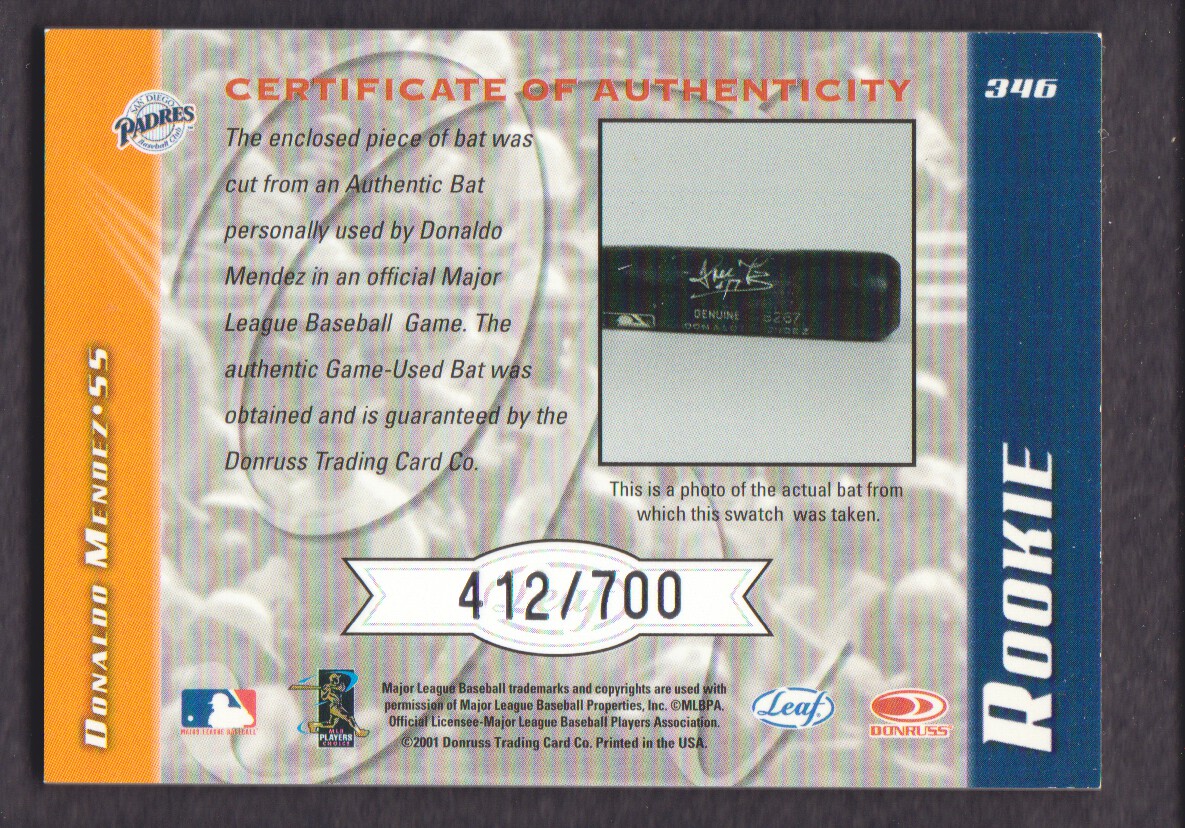 2001 Leaf Limited #346 Donaldo Mendez Bat/700 RC back image
