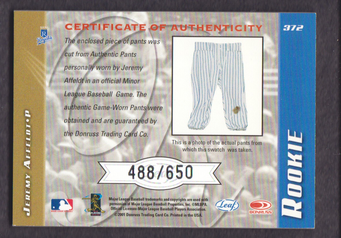 2001 Leaf Limited #372 Jeremy Affeldt Pants/650 RC back image