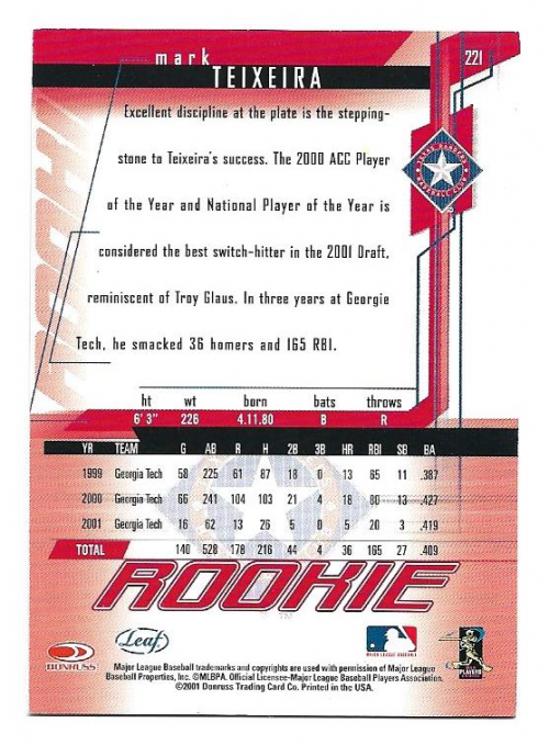 2001 Leaf Rookies and Stars Autographs #221 Mark Teixeira/100 * back image