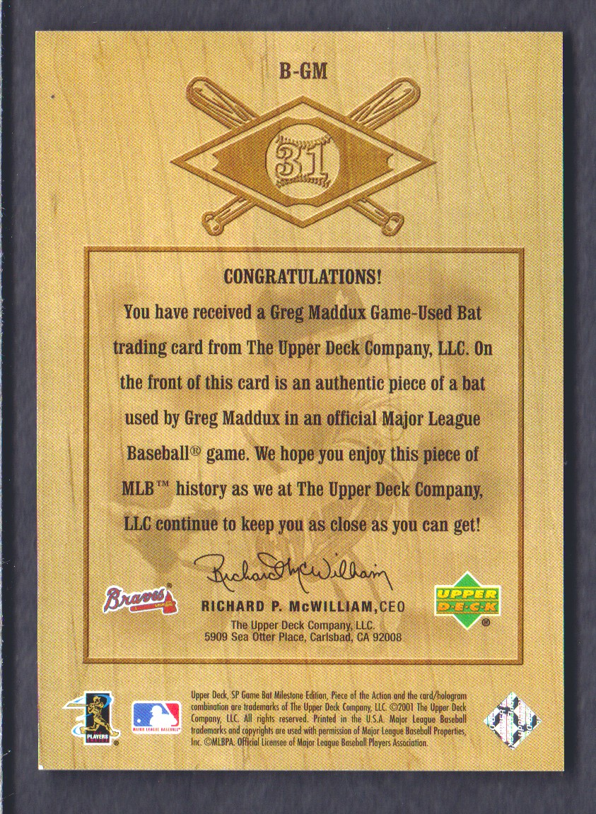 2001 SP Game Bat Milestone Piece of Action Bound for the Hall #BGM Greg Maddux back image