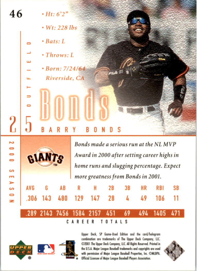 2001 SP Game Used Edition #46 Barry Bonds back image