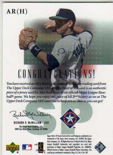 2001 SP Game Used Edition Authentic Fabric #ARH Alex Rodriguez Rangers back image