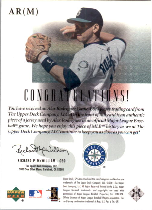 2001 SP Game Used Edition Authentic Fabric #ARM Alex Rodriguez Mariners DP back image