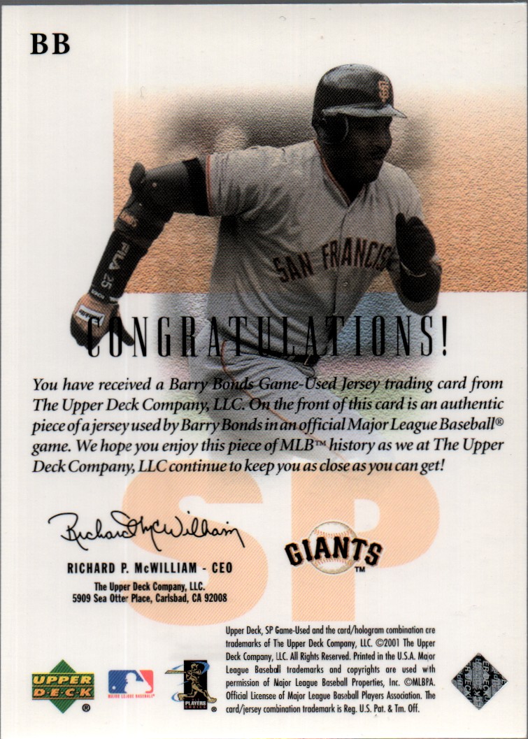 2001 SP Game Used Edition Authentic Fabric #BB Barry Bonds back image