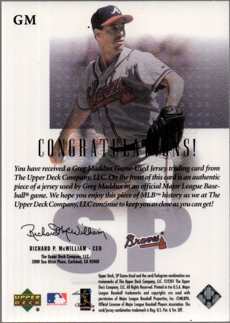2001 SP Game Used Edition Authentic Fabric #GM Greg Maddux DP back image