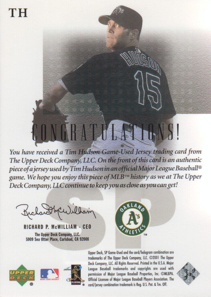 2001 SP Game Used Edition Authentic Fabric #TH Tim Hudson back image