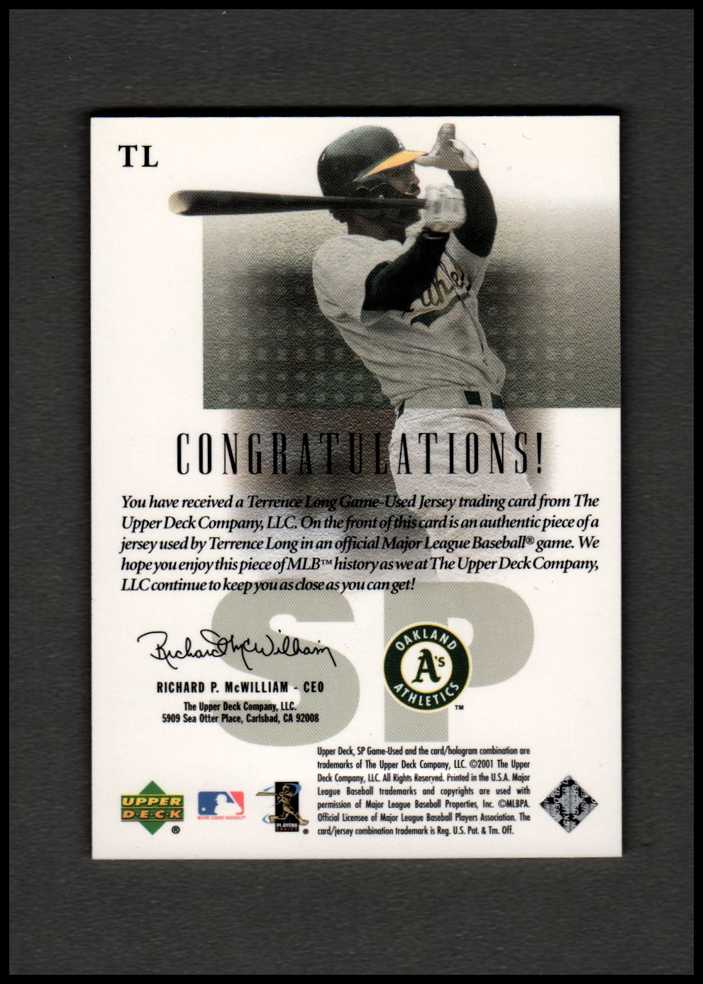 2001 SP Game Used Edition Authentic Fabric #TL Terrence Long back image