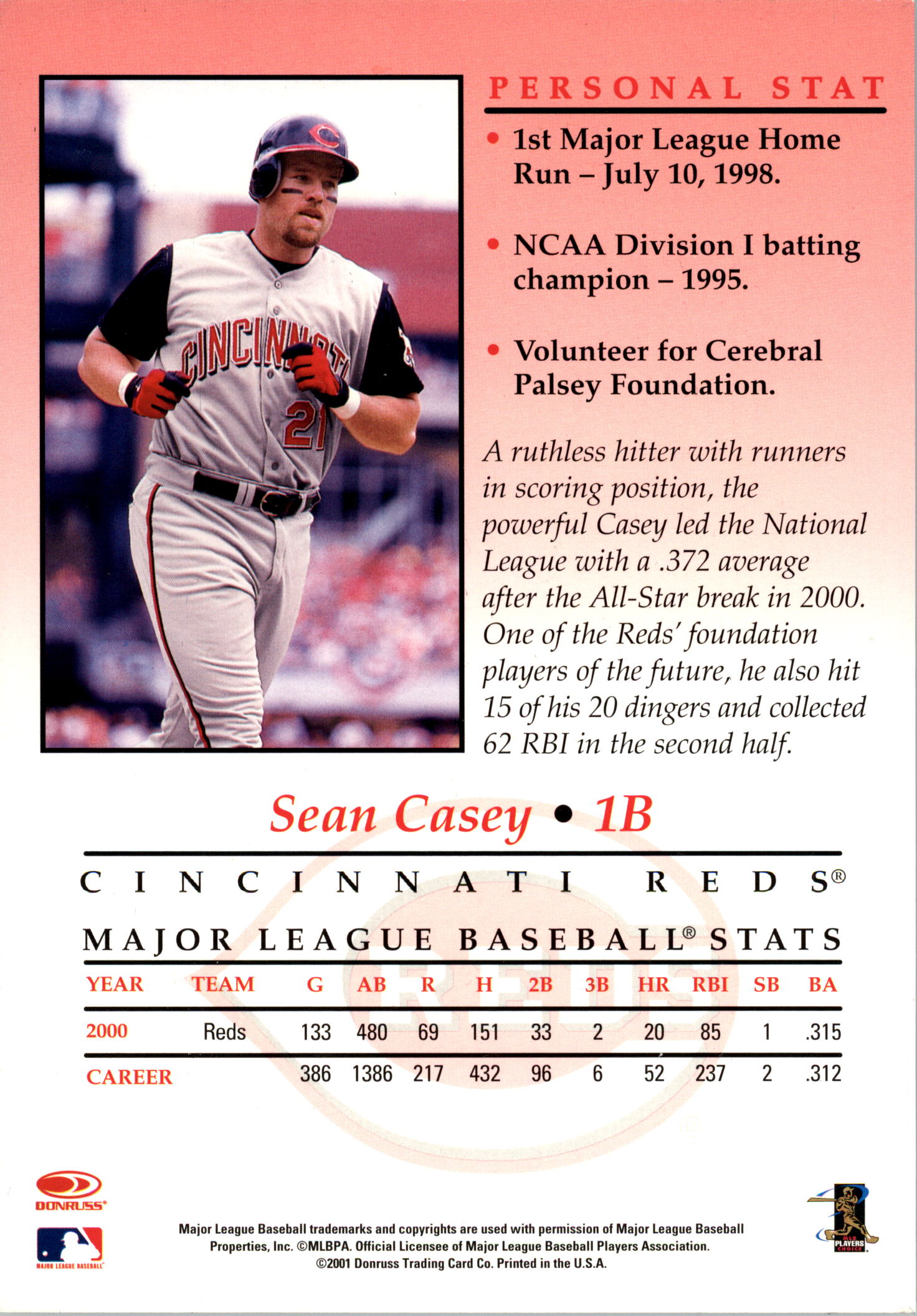 2001 Studio Private Signings 5 x 7 #8 Sean Casey back image