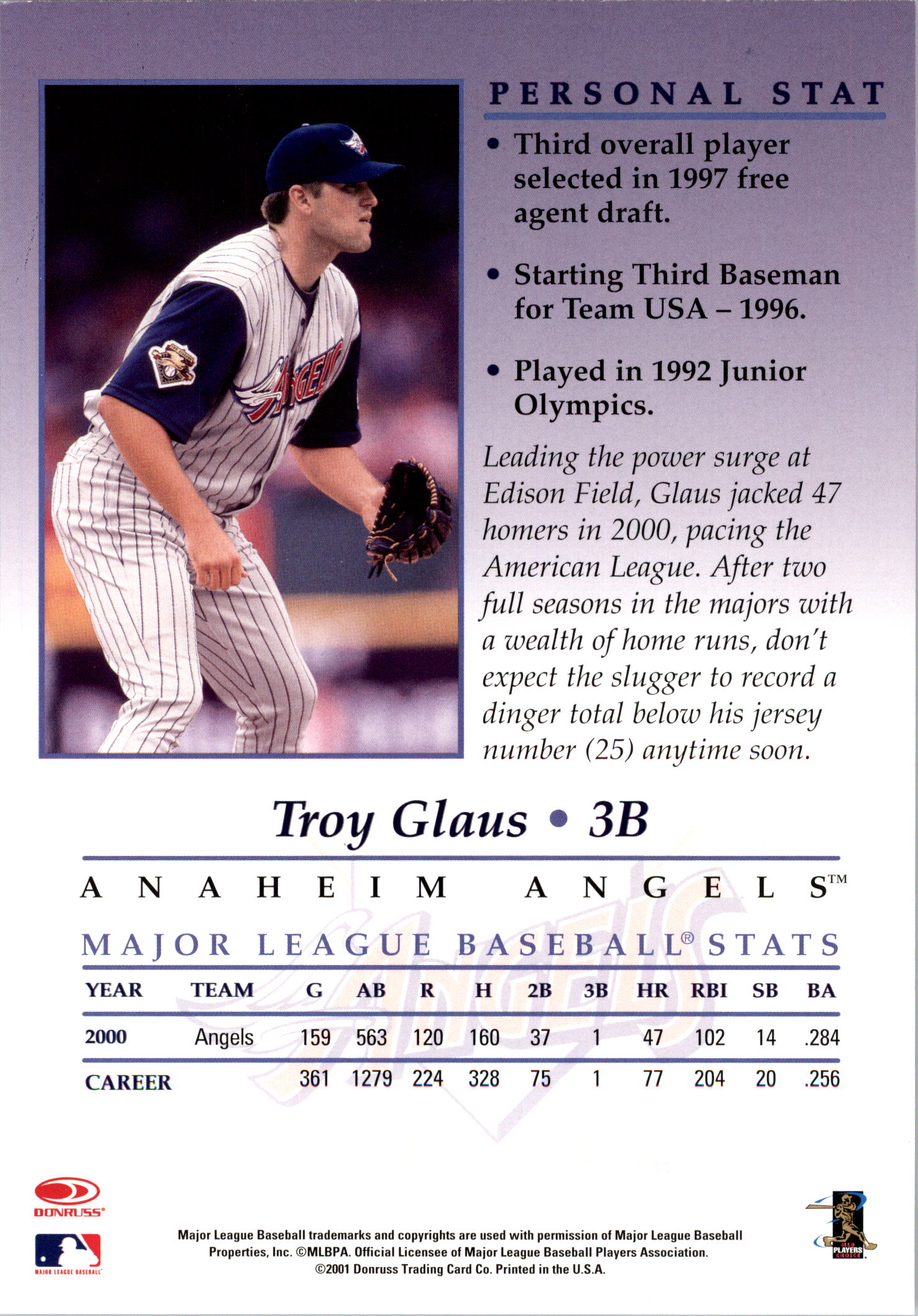 2001 Studio Private Signings 5 x 7 #16 Troy Glaus back image