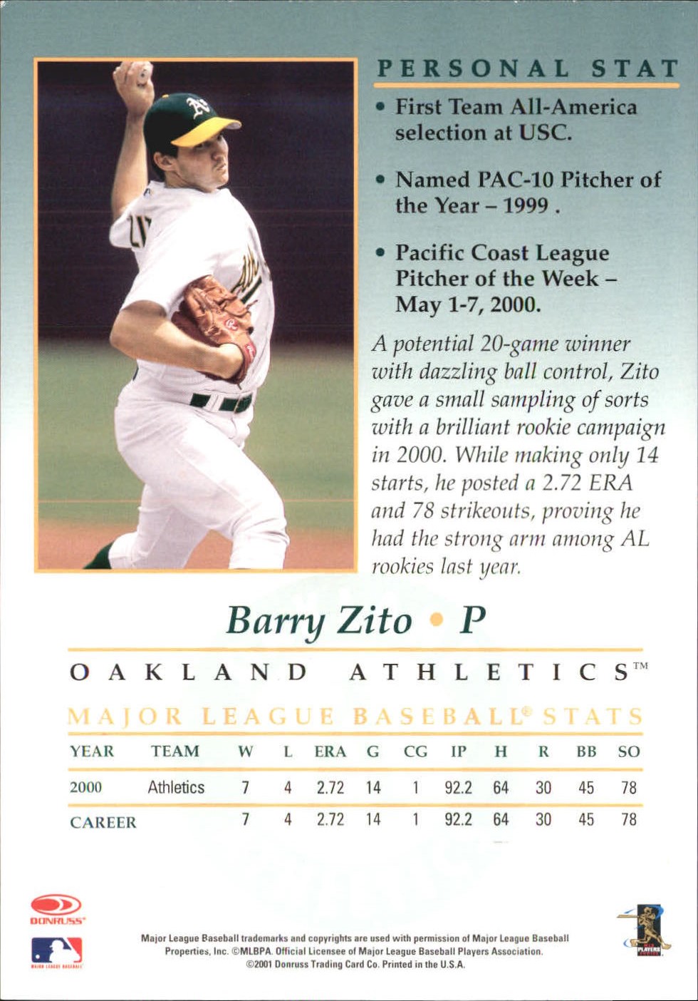 2001 Studio Private Signings 5 x 7 #48 Barry Zito back image