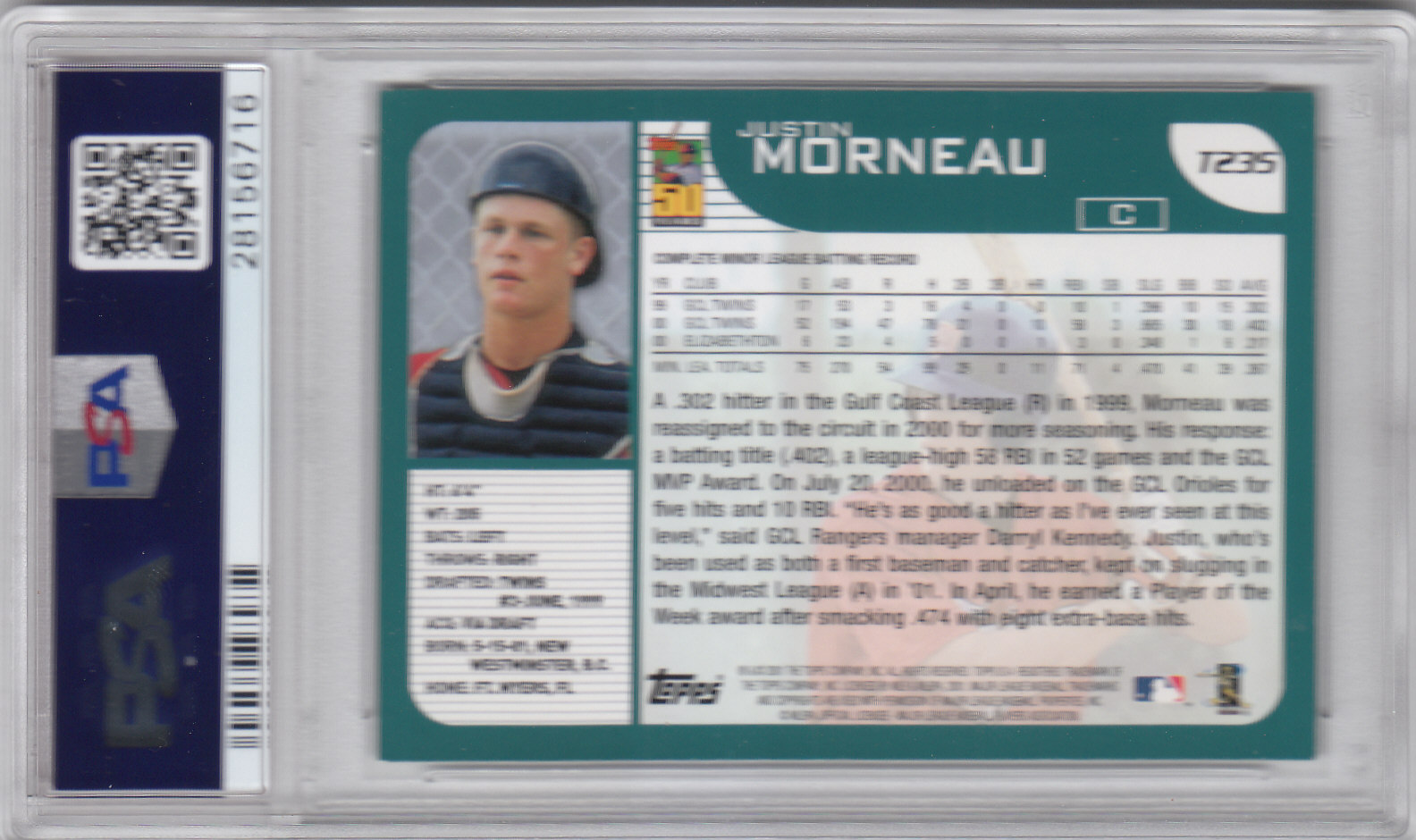 2001 Topps Traded #T235 Justin Morneau RC back image