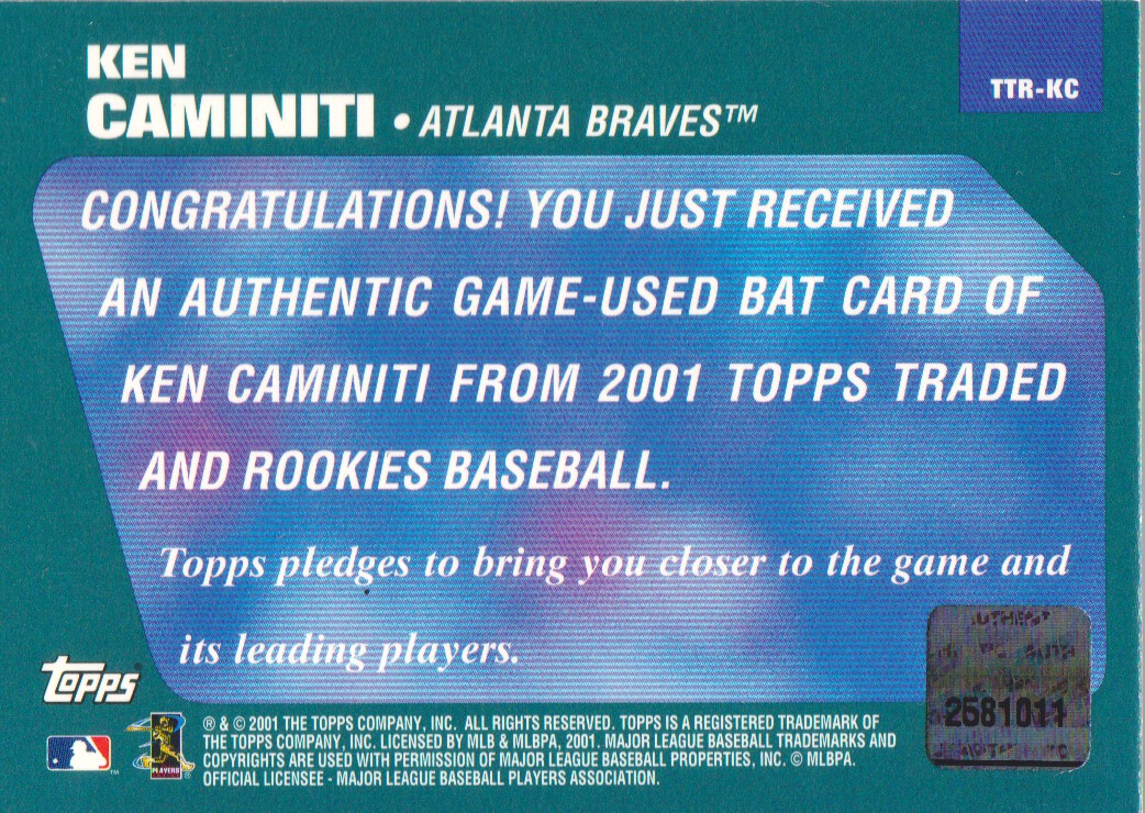 2001 Topps Traded Relics #KC Ken Caminiti Bat back image