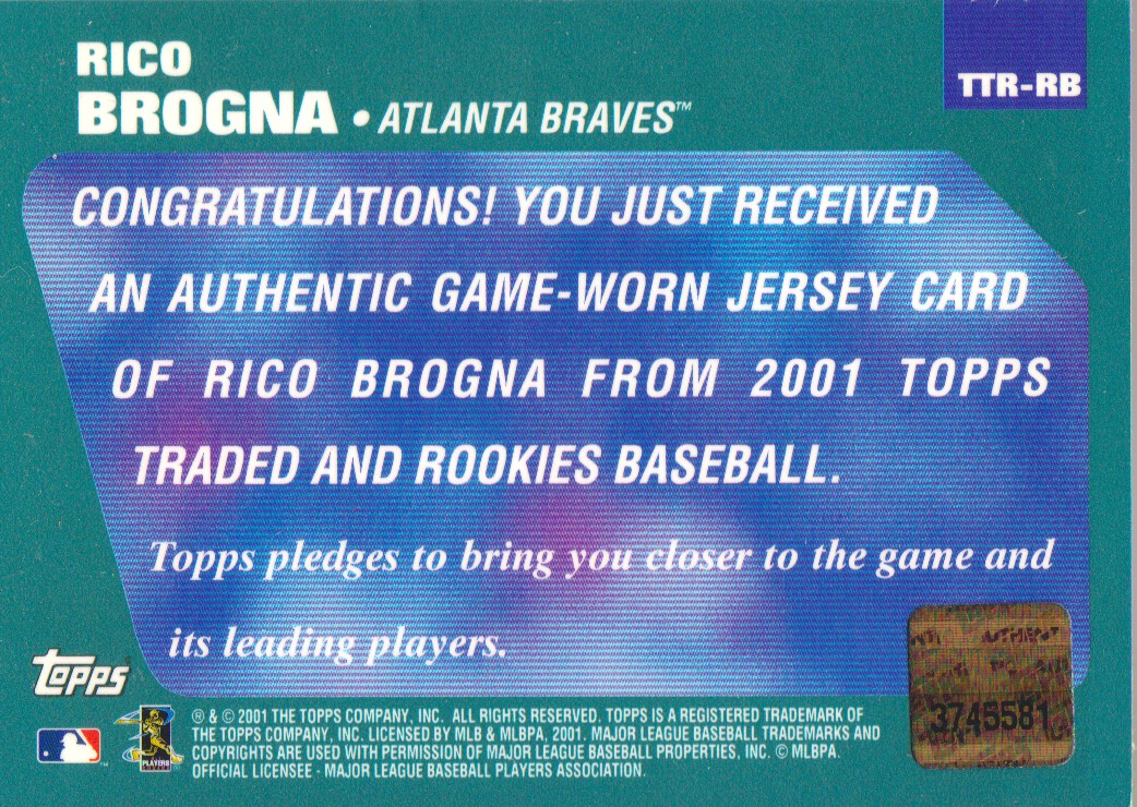 2001 Topps Traded Relics #RB Rico Brogna Jsy back image