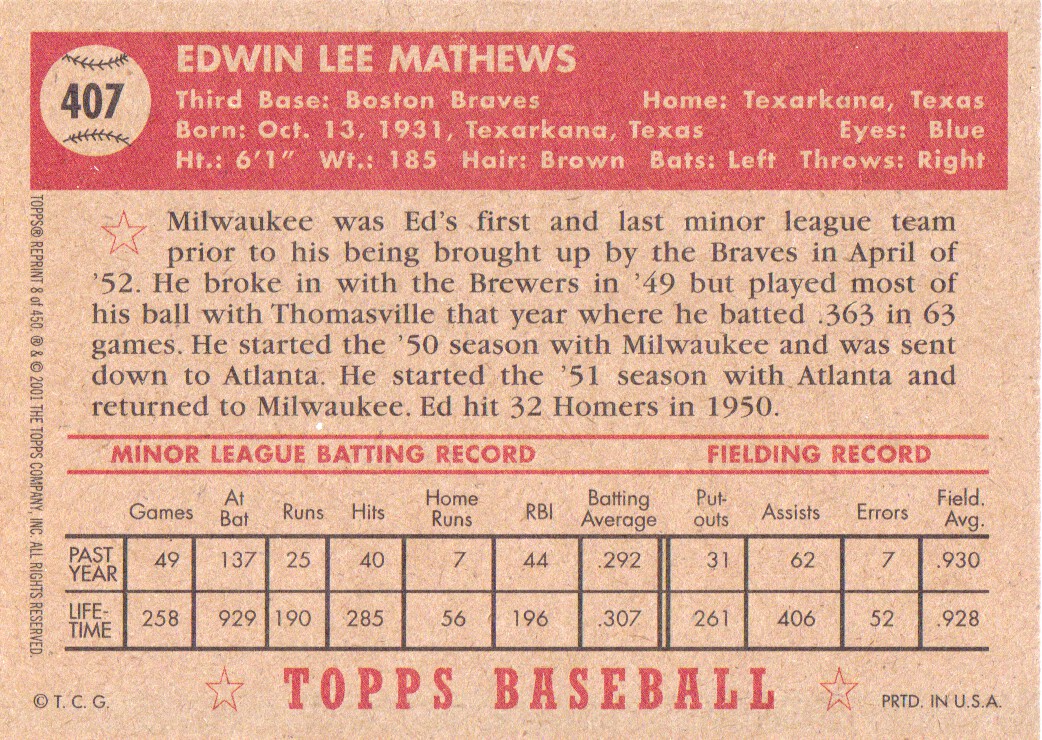 2001 Topps Archives #8 Eddie Mathews 52 back image