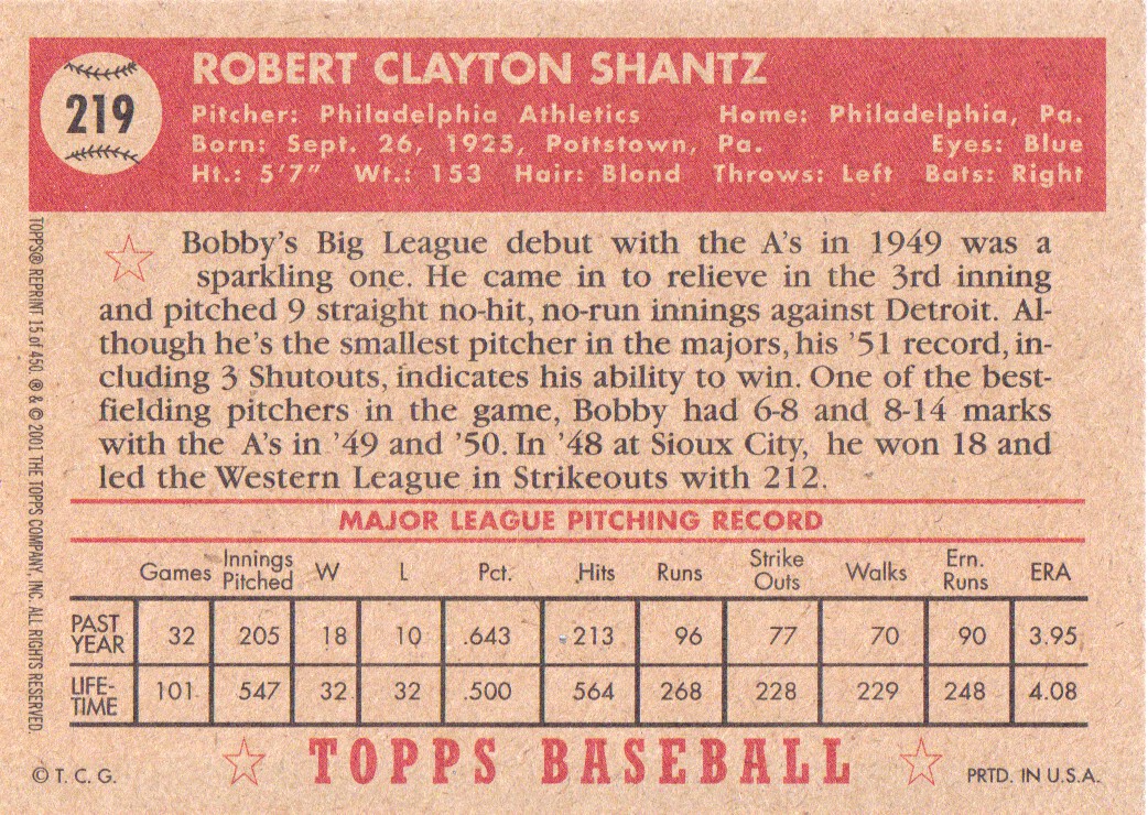 2001 Topps Archives #15 Bobby Shantz 52 back image