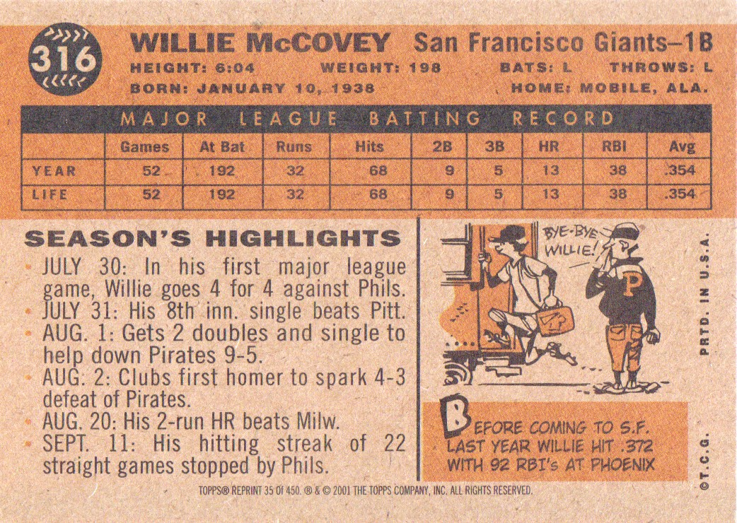 2001 Topps Archives #35 Willie McCovey 60 back image