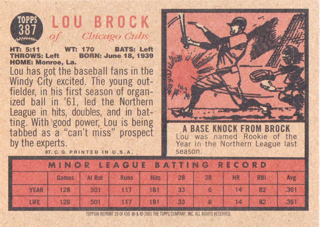 2001 Topps Archives #39 Lou Brock 62 back image