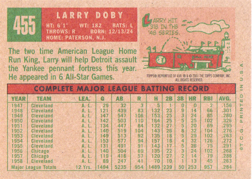 2001 Topps Archives #102 Larry Doby 59 back image
