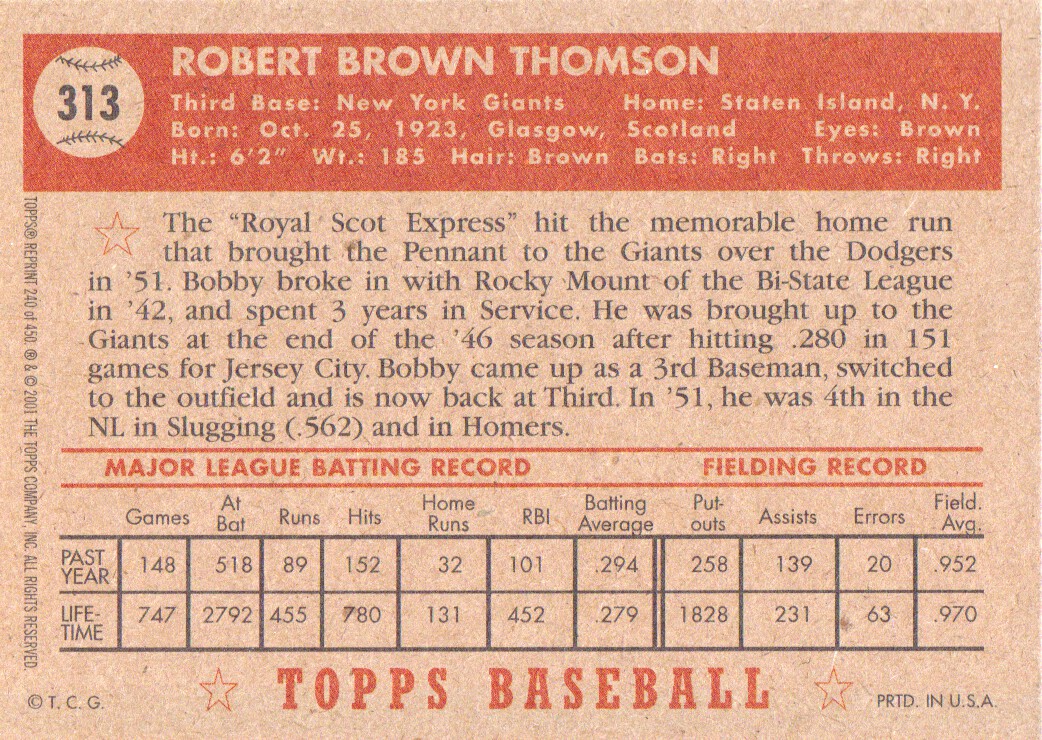 2001 Topps Archives #240 Bobby Thomson 52 back image