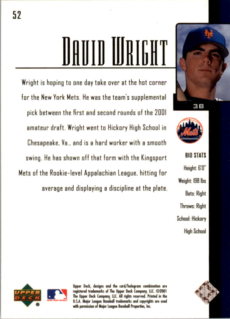 2001 Upper Deck Prospect Premieres #52 David Wright XRC back image