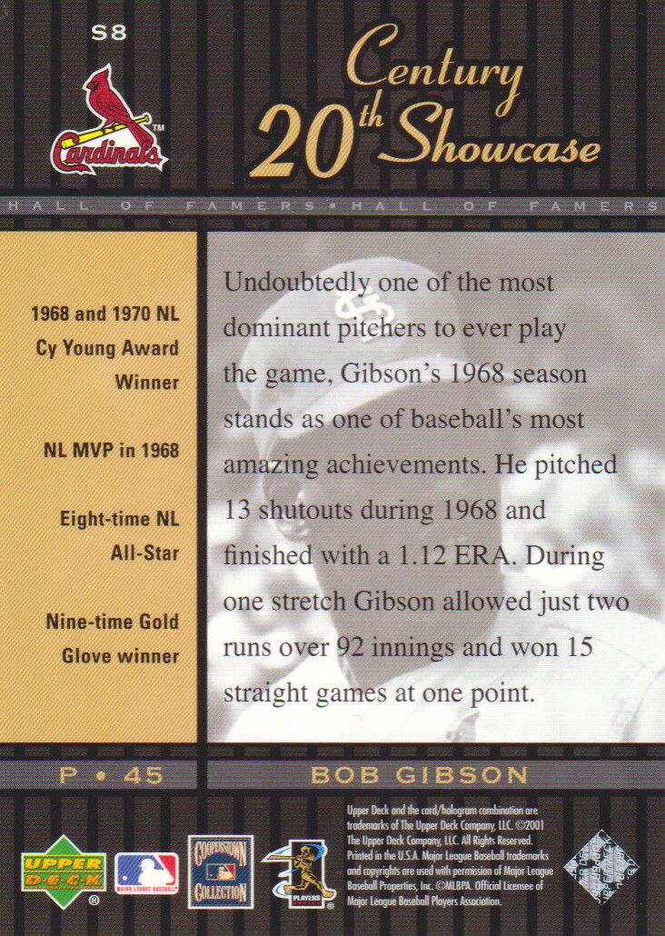 2001 Upper Deck Hall of Famers 20th Century Showcase #S8 Bob Gibson back image