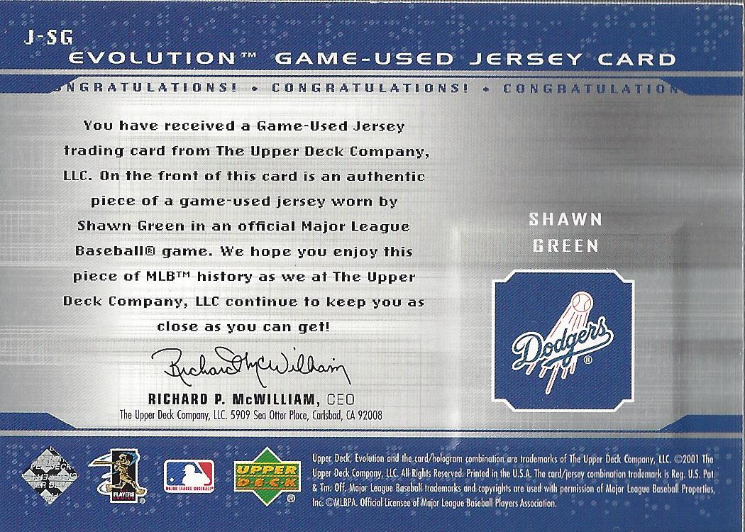 2001 Upper Deck Evolution Game Jersey #JSG Shawn Green back image