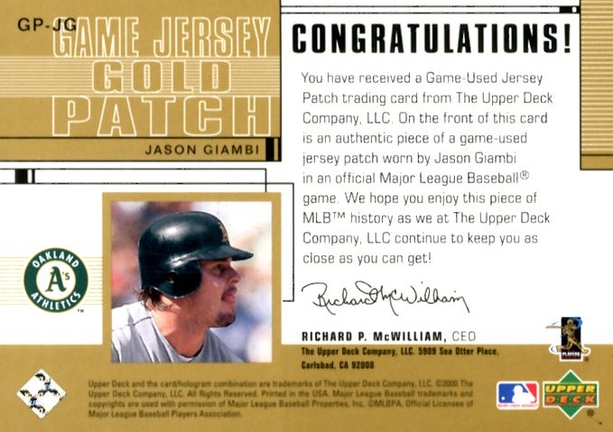 Jason Giambi player worn jersey patch baseball card (Oakland Athletics)  2001 Fleer Platinum Rookie