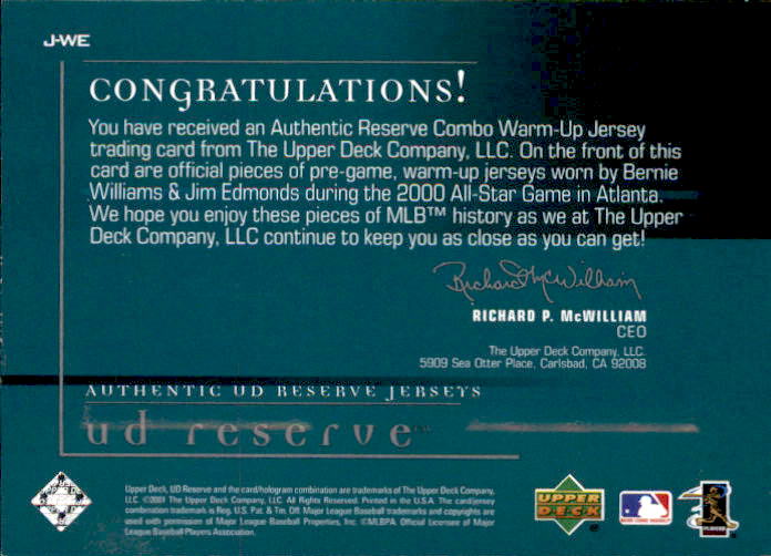2001 UD Reserve Game Jersey Duos #JWE Bernie Williams/Jim Edmonds back image