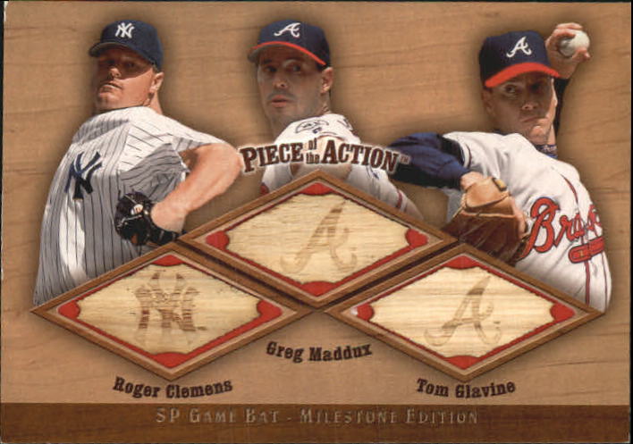 2001 SP Game Bat Milestone Piece of Action Trios #CMG Roger Clemens/Greg Maddux/Tom Glavine