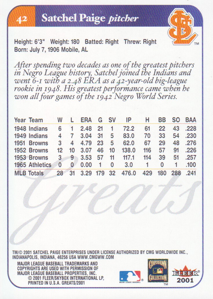 2001 Greats of the Game #42 Satchel Paige back image