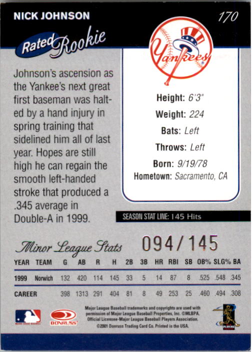 2001 Donruss Stat Line Season #170 Nick Johnson RR/145 back image