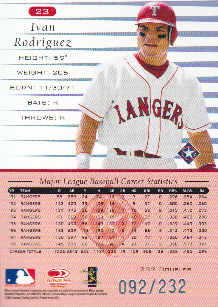 2001 Donruss 1999 Retro Stat Line Career #23 Ivan Rodriguez/232 back image