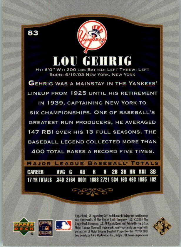 2001 SP Legendary Cuts #83 Lou Gehrig back image