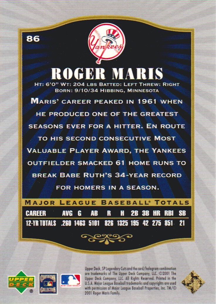 2001 SP Legendary Cuts #86 Roger Maris back image