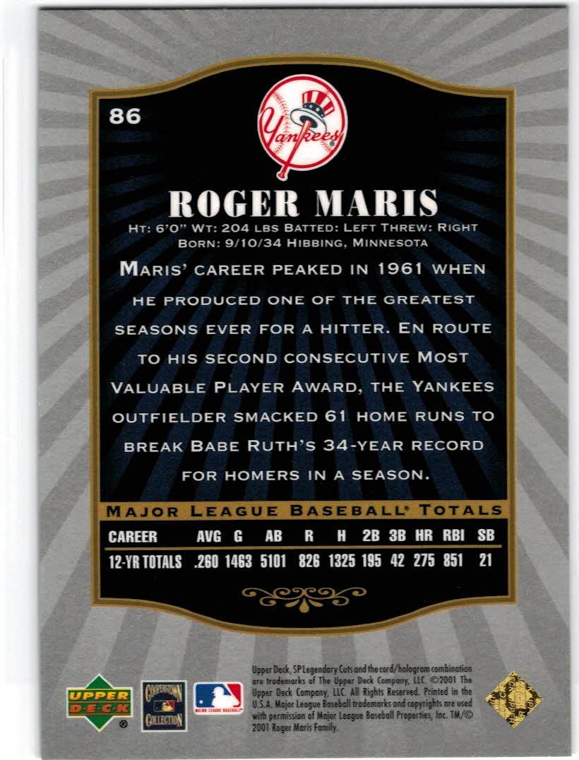 2001 SP Legendary Cuts #86 Roger Maris back image