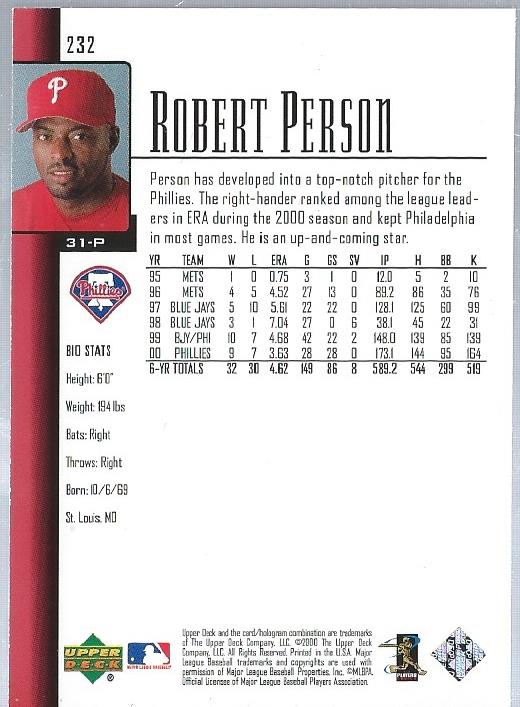 2001 Upper Deck Exclusives Gold #232 Robert Person back image