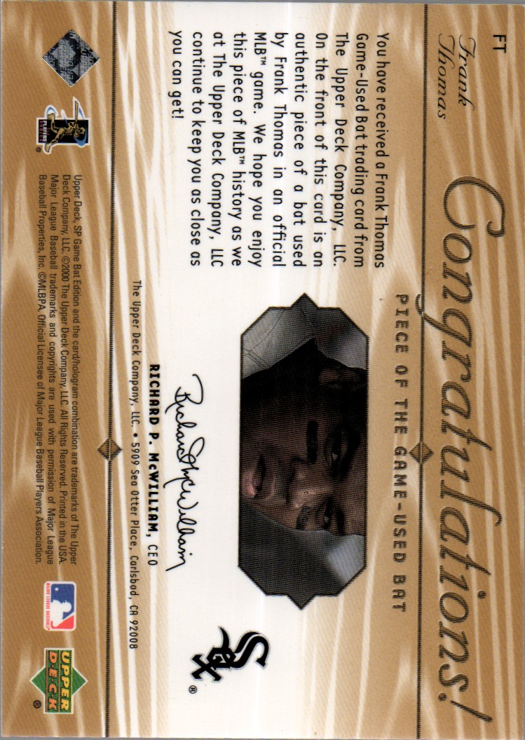 2001 SP Game Bat Edition Piece of the Game #FT Frank Thomas back image