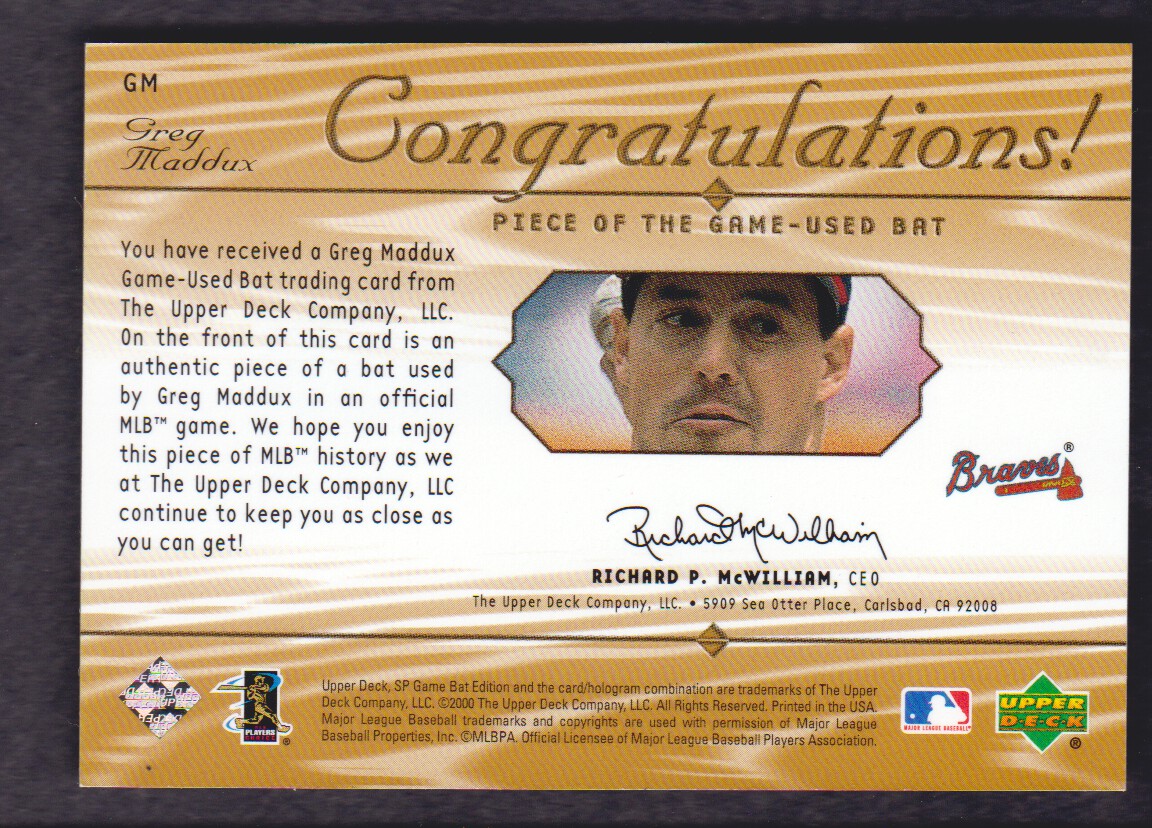 2001 SP Game Bat Edition Piece of the Game #GM Greg Maddux back image
