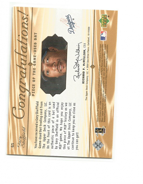 2001 SP Game Bat Edition Piece of the Game #GS Gary Sheffield back image